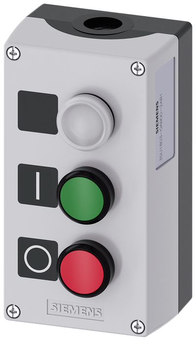 Siemens SIRIUS ACT Enclosure for command devices, 22 mm, round, Enclosure material plastic, enclosure top part gray, 3 control points plastic, C=Indicator light clear, label LED 24 V, screw terminal, B=Pushbutton green, label: I, 1 NO, screw terminal, A=Pushbutton red, label: O, 1 NC, screw terminal, floor mounting, 1XM20 each on top and bottom, Labels enclosed
