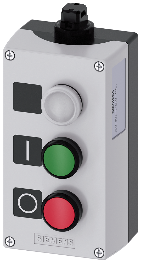 Siemens SIRIUS ACT AS-Interface enclosure for command devices, 22 mm, round, Enclosure material plastic, enclosure top part gray, 3 control points plastic, Recess for labels, C=Indicator light clear, label without inscription, B=Pushbutton green, label: I, 1 NO, spring-type terminal, A=Pushbutton red, label: O, 1 NC, spring-type terminal, floor mounting, Insulation displacement system on top, Labels enclosed (3SU1803-0AB10-4HB1)