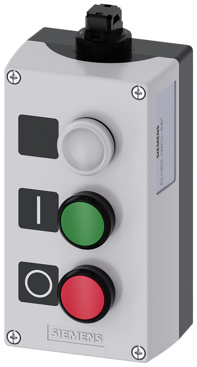 Siemens SIRIUS ACT AS-Interface enclosure for command devices, 22 mm, round, Enclosure material plastic, enclosure top part gray, 3 control points plastic, Recess for labels, C=Indicator light clear, label without inscription, B=Pushbutton green, label: I, 1 NO, spring-type terminal, A=Pushbutton red, label: O, 1 NC, spring-type terminal, floor mounting, Insulation displacement system on top, Labels enclosed