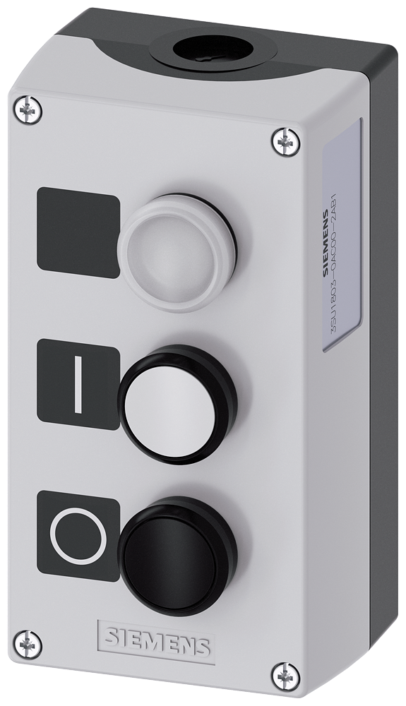 Siemens SIRIUS ACT Enclosure for command devices, 22 mm, round, enclosure material plastic, enclosure top part gray, 3 command points plastic, C=indicator light clear, label, LED 24 V, screw terminal, B=pushbutton white, label: I, 1 NO, screw terminal, A=pushbutton black,label: O, 1 NC, screw terminal, base mounting, 1XM20 each on top and bottom, labels enclosed (3SU1803-0AC00-2AB1)