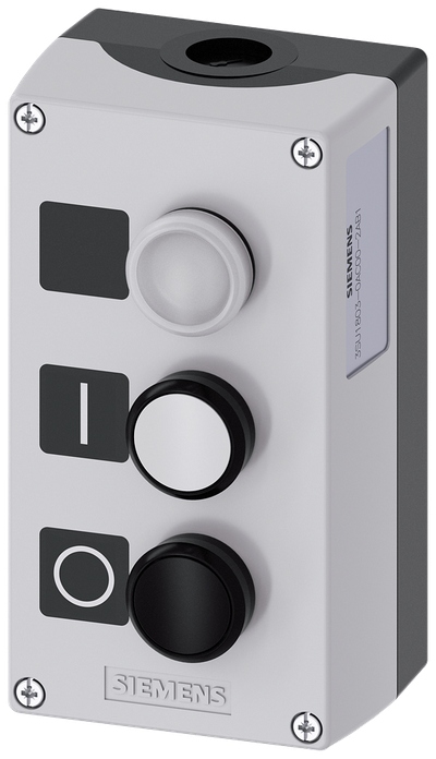 Siemens SIRIUS ACT Enclosure for command devices, 22 mm, round, enclosure material plastic, enclosure top part gray, 3 command points plastic, C=indicator light clear, label, LED 24 V, screw terminal, B=pushbutton white, label: I, 1 NO, screw terminal, A=pushbutton black,label: O, 1 NC, screw terminal, base mounting, 1XM20 each on top and bottom, labels enclosed