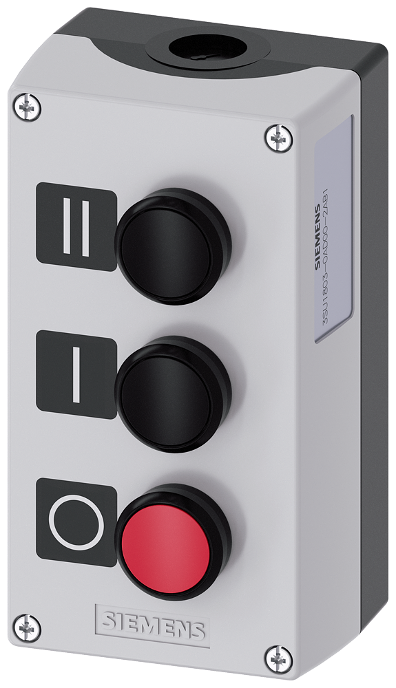 Siemens SIRIUS ACT Enclosure for command devices, 22 mm, round, enclosure material plastic, enclosure top part gray, 3 command points plastic, C=pushbutton black,label: II, 1 NO, screw terminal, B=pushbutton black, label: I, 1 NO, screw terminal, A=pushbutton red, label: O, 1 NC, screw terminal, base mounting, 1XM20 each on top and bottom, labels enclosed (3SU1803-0AD00-2AB1)