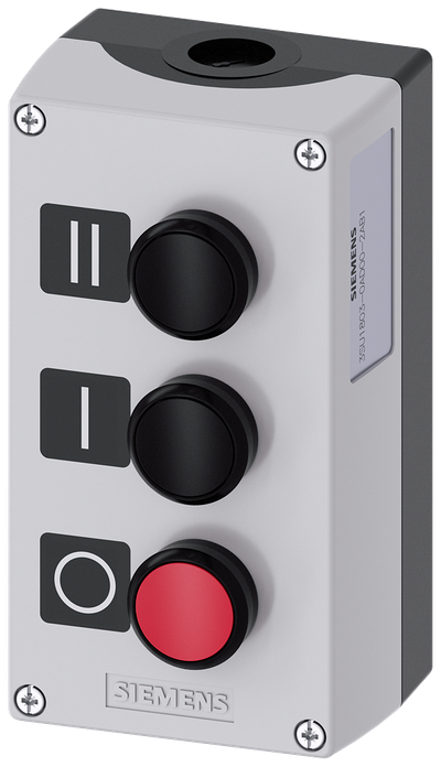 Siemens SIRIUS ACT Enclosure for command devices, 22 mm, round, enclosure material plastic, enclosure top part gray, 3 command points plastic, C=pushbutton black,label: II, 1 NO, screw terminal, B=pushbutton black, label: I, 1 NO, screw terminal, A=pushbutton red, label: O, 1 NC, screw terminal, base mounting, 1XM20 each on top and bottom, labels enclosed