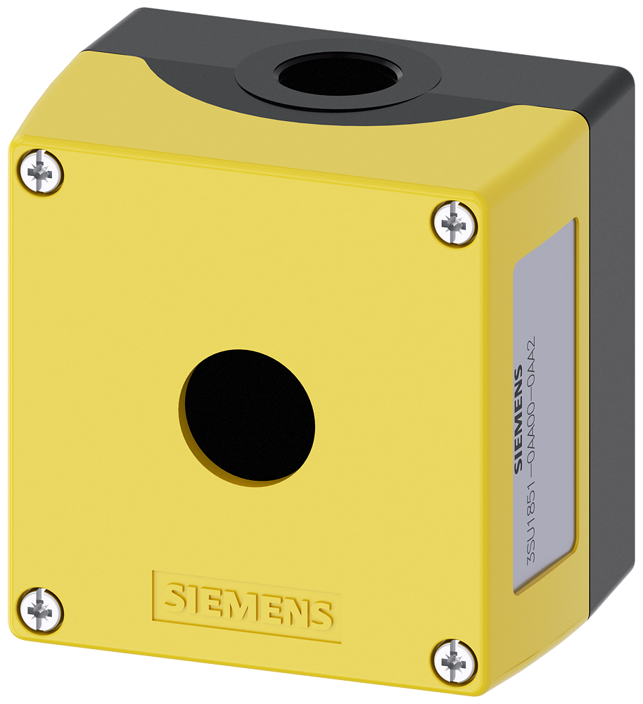 Siemens SIRIUS ACT Enclosure for command devices, 22 mm, round, Enclosure material metal, Enclosure top part yellow, 1 control point, without equipment, Control point in center, floor mounting, 1XM20 each on top and bottom (3SU1851-0AA00-0AA2)