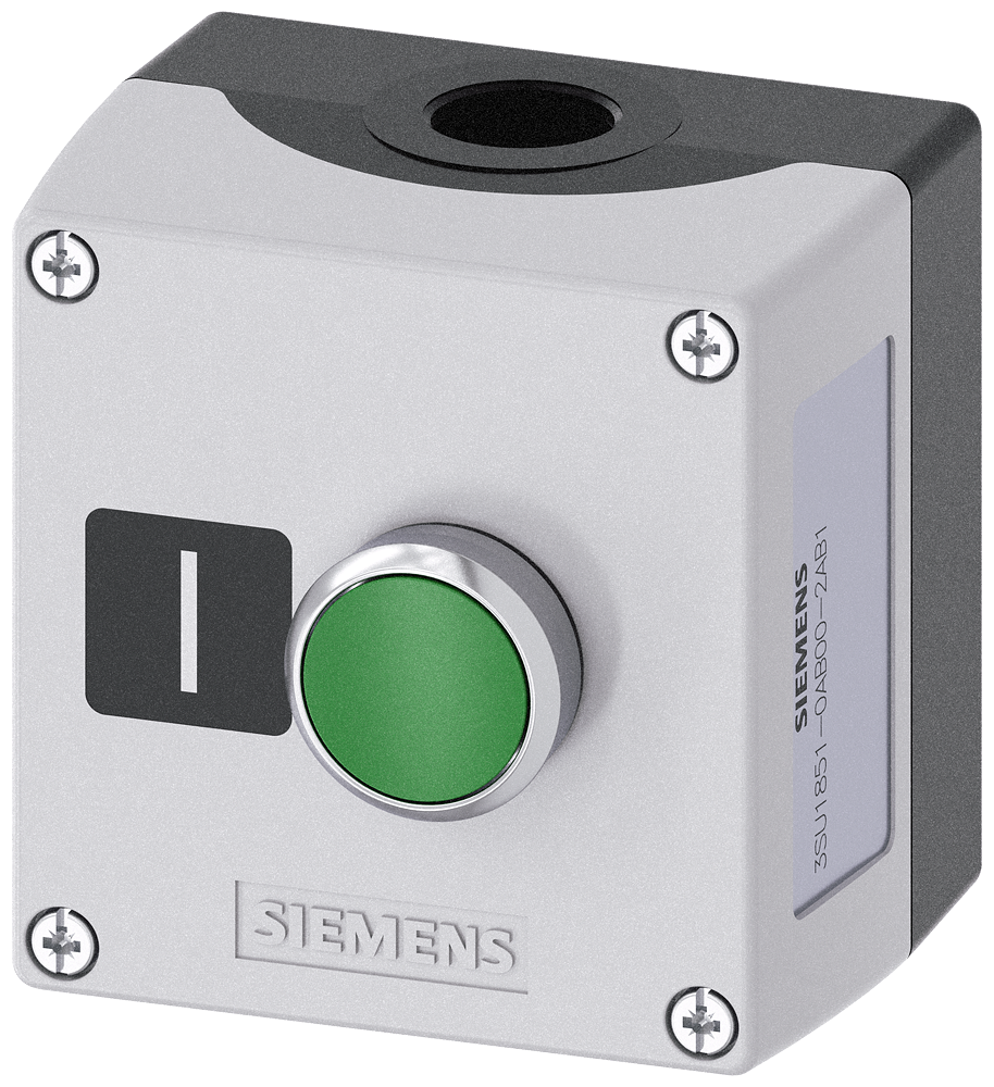 Siemens SIRIUS ACT Enclosure for command devices, 22 mm, round, Enclosure material metal, enclosure top part gray, 1 control point metal, A=Pushbutton green, 1 NO, screw terminal, floor mounting, label: I, 1XM20 each on top and bottom, Label enclosed (3SU1851-0AB00-2AB1)