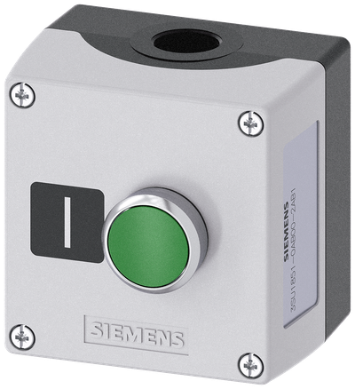 Siemens SIRIUS ACT Enclosure for command devices, 22 mm, round, Enclosure material metal, enclosure top part gray, 1 control point metal, A=Pushbutton green, 1 NO, screw terminal, floor mounting, label: I, 1XM20 each on top and bottom, Label enclosed