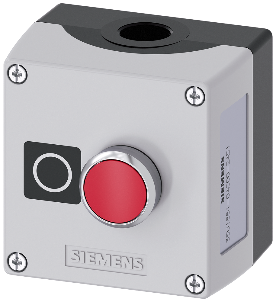 Siemens SIRIUS ACT Enclosure for command devices, 22 mm, round, Enclosure material metal, enclosure top part gray, 1 control point metal, A=Pushbutton red, 1 NC, screw terminal, floor mounting, label: O, 1XM20 each on top and bottom, Label enclosed (3SU1851-0AC00-2AB1)