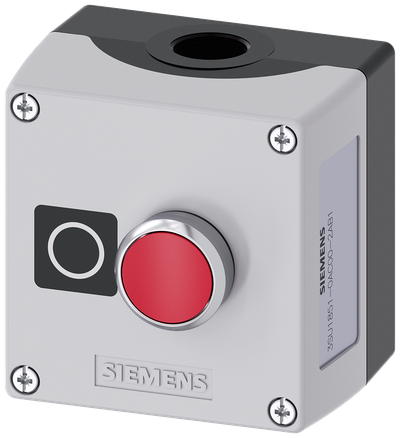 Siemens SIRIUS ACT Enclosure for command devices, 22 mm, round, Enclosure material metal, enclosure top part gray, 1 control point metal, A=Pushbutton red, 1 NC, screw terminal, floor mounting, label: O, 1XM20 each on top and bottom, Label enclosed
