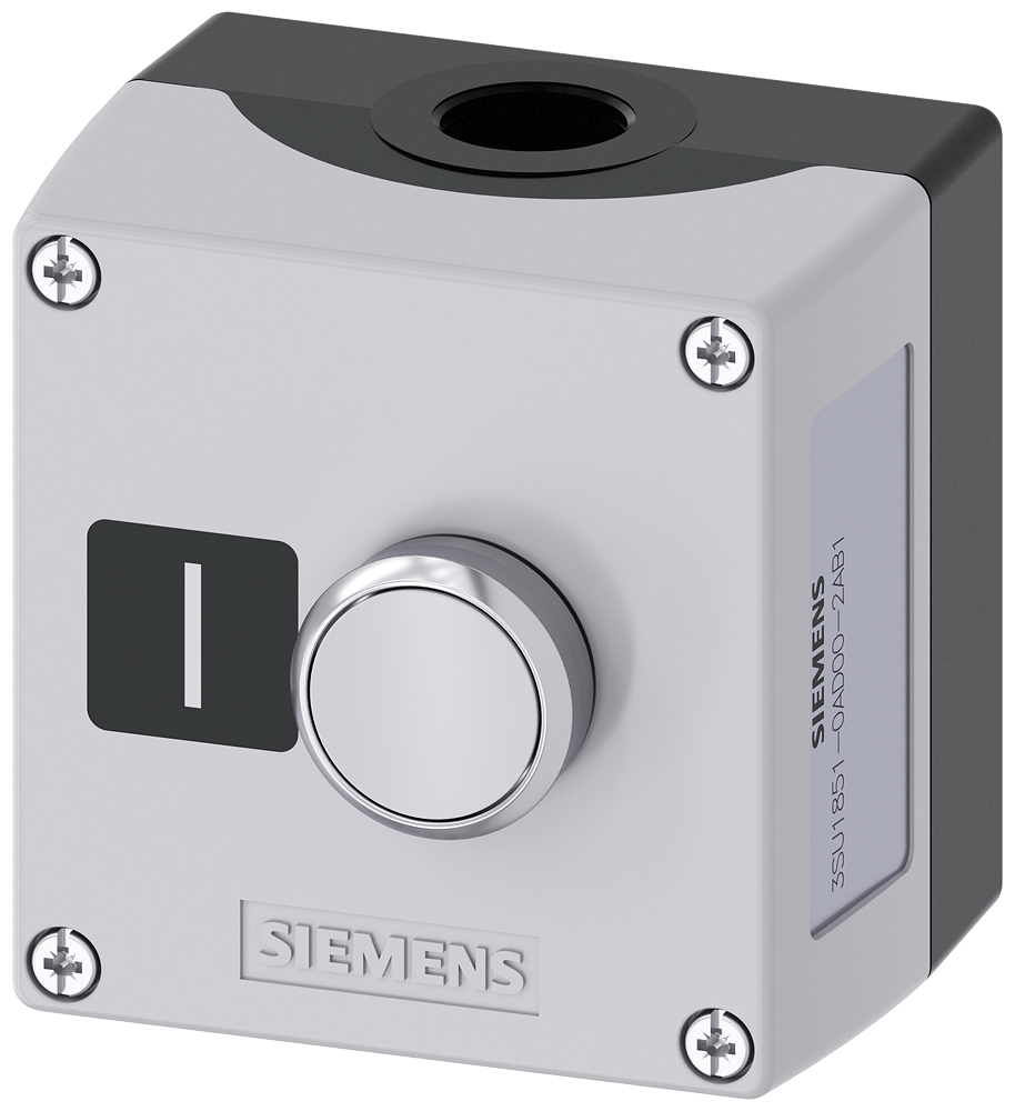 Siemens SIRIUS ACT Enclosure for command devices, 22 mm, round, Enclosure material metal, enclosure top part gray, 1 control point metal, A=Pushbutton white, 1 NO, screw terminal, floor mounting, label: I, 1XM20 each on top and bottom, Label enclosed (3SU1851-0AD00-2AB1)