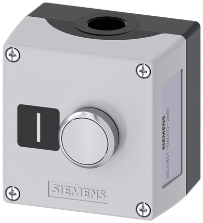 Siemens SIRIUS ACT Enclosure for command devices, 22 mm, round, Enclosure material metal, enclosure top part gray, 1 control point metal, A=Pushbutton white, 1 NO, screw terminal, floor mounting, label: I, 1XM20 each on top and bottom, Label enclosed
