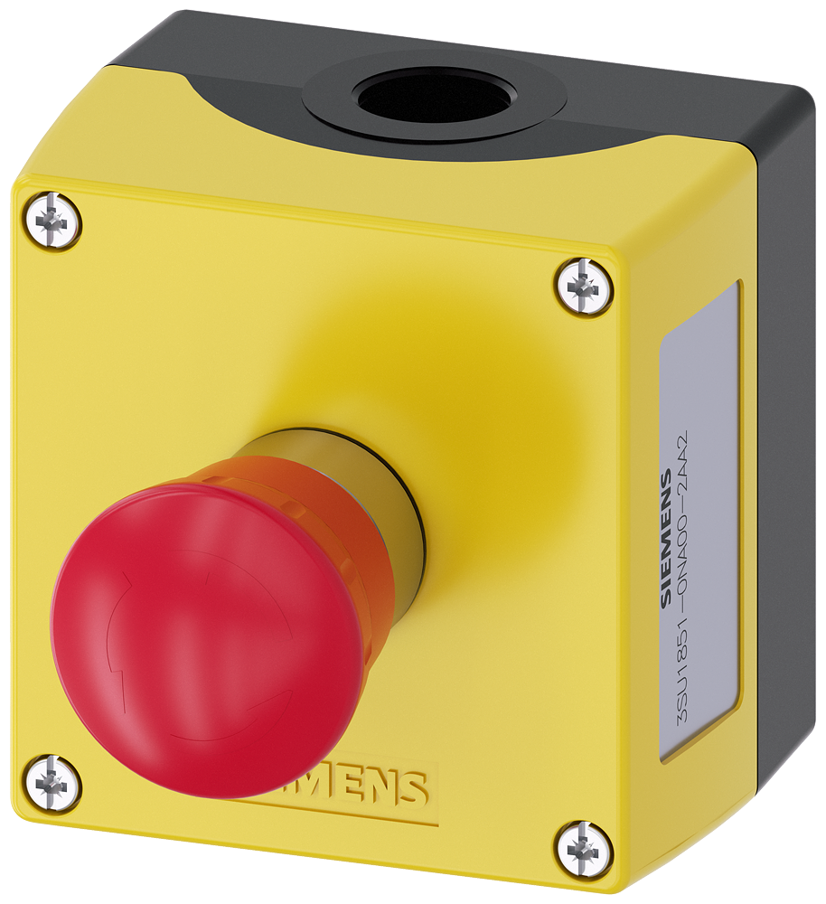 Siemens SIRIUS ACT Enclosure for command devices, 22 mm, round, Enclosure material metal, Enclosure top part yellow, 1 control point metal, A=EMERGENCY STOP mushroom pushbutton red, 40 mm, rotate-to-unlatch, Control point in center, 1 NC, screw terminal, floor mounting, 1XM20 each on top and bottom (3SU1851-0NA00-2AA2)