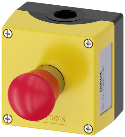 Siemens SIRIUS ACT Enclosure for command devices, 22 mm, round, Enclosure material metal, Enclosure top part yellow, 1 control point metal, A=EMERGENCY STOP mushroom pushbutton red, 40 mm, rotate-to-unlatch, Control point in center, 1 NC, screw terminal, floor mounting, 1XM20 each on top and bottom
