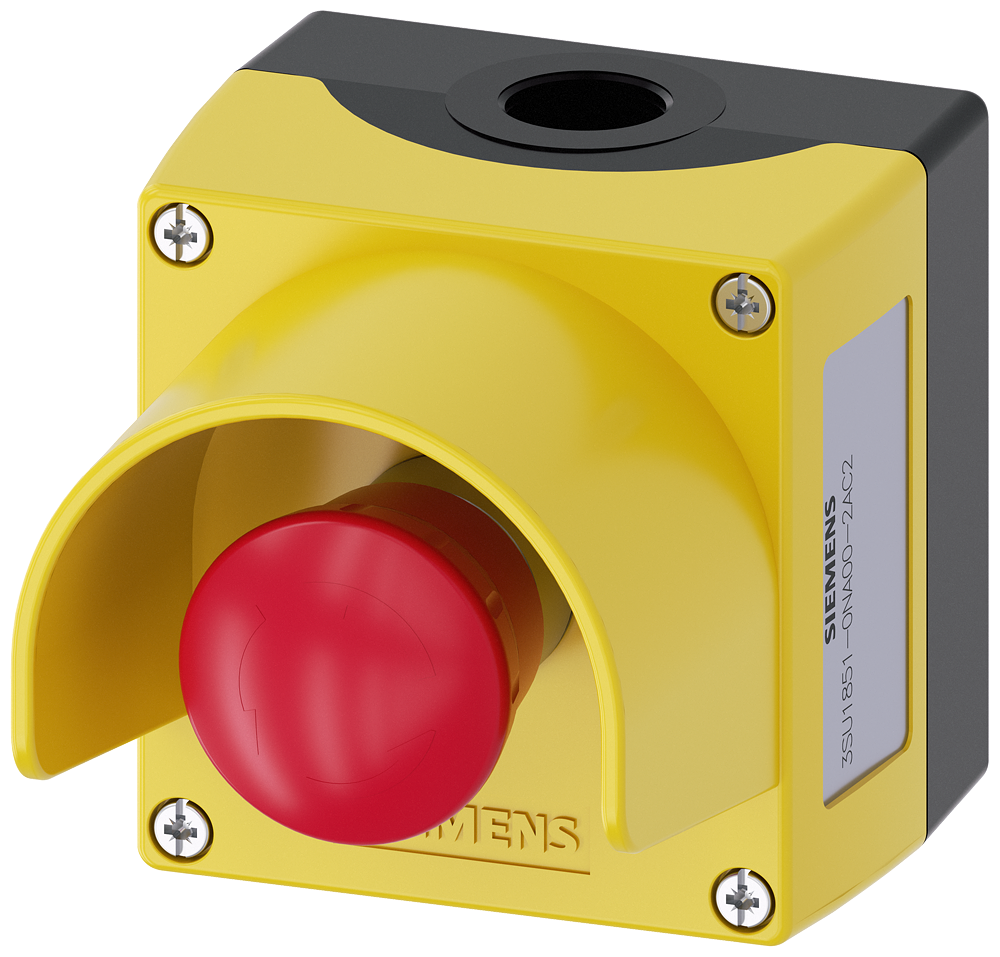 Siemens SIRIUS ACT Enclosure for command devices, 22 mm, round, Enclosure material metal, Enclosure top part yellow, with protective collar, 1 control point metal, A=EMERGENCY STOP mushroom pushbutton red, 40 mm, rotate-to-unlatch, 1 NC, screw terminal, floor mounting, 1XM20 each on top and bottom (3SU1851-0NA00-2AC2)