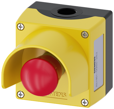 Siemens SIRIUS ACT Enclosure for command devices, 22 mm, round, Enclosure material metal, Enclosure top part yellow, with protective collar, 1 control point metal, A=EMERGENCY STOP mushroom pushbutton red, 40 mm, rotate-to-unlatch, 1 NC, screw terminal, floor mounting, 1XM20 each on top and bottom