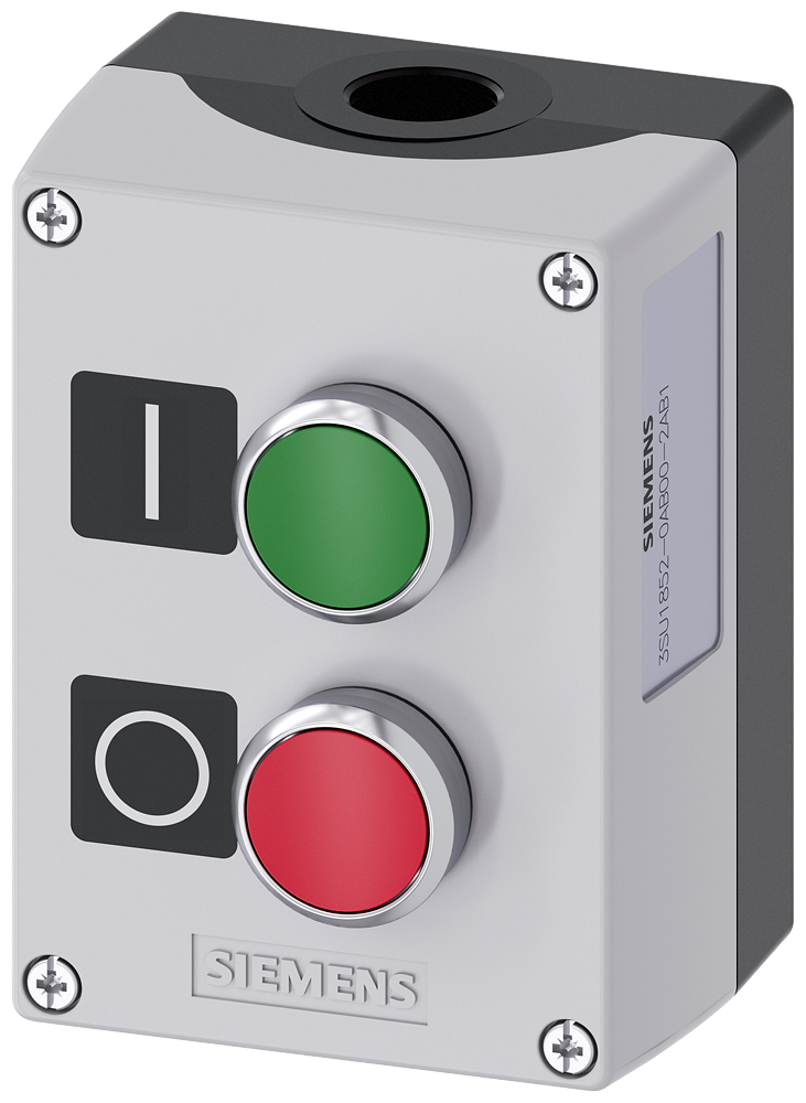 Siemens SIRIUS ACT Enclosure for command devices, 22 mm, round, Enclosure material metal, enclosure top part gray, 2 control points metal, B=Pushbutton green, label: I, 1 NO, screw terminal, A=Pushbutton red, label: O, 1 NC, screw terminal, floor mounting, 1XM20 each on top and bottom, Labels enclosed (3SU1852-0AB00-2AB1)
