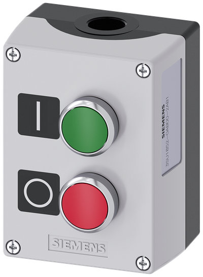 Siemens SIRIUS ACT Enclosure for command devices, 22 mm, round, Enclosure material metal, enclosure top part gray, 2 control points metal, B=Pushbutton green, label: I, 1 NO, screw terminal, A=Pushbutton red, label: O, 1 NC, screw terminal, floor mounting, 1XM20 each on top and bottom, Labels enclosed