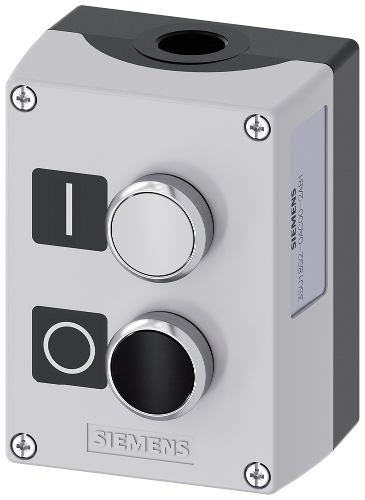 Siemens SIRIUS ACT Enclosure for command devices, 22 mm, round, enclosure material metal, enclosure top part gray, 2 command points metal, B=pushbutton white, label: I, 1 NO, screw terminal, A=pushbutton black,label: O, 1 NC, screw terminal, base mounting, 1XM20 each on top and bottom, labels enclosed (3SU1852-0AC00-2AB1)