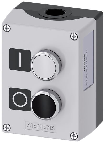 Siemens SIRIUS ACT Enclosure for command devices, 22 mm, round, enclosure material metal, enclosure top part gray, 2 command points metal, B=pushbutton white, label: I, 1 NO, screw terminal, A=pushbutton black,label: O, 1 NC, screw terminal, base mounting, 1XM20 each on top and bottom, labels enclosed