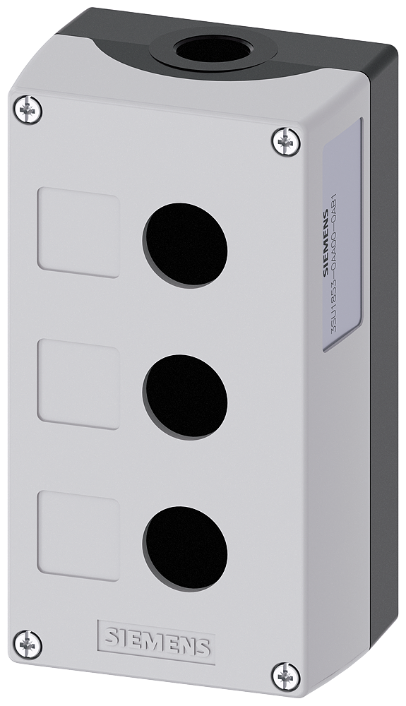 Siemens SIRIUS ACT Enclosure for command devices, 22 mm, round, Enclosure material metal, enclosure top part gray, 3 control points, without equipment, Recess for labels, floor mounting, 1XM20 each on top and bottom (3SU1853-0AA00-0AB1)