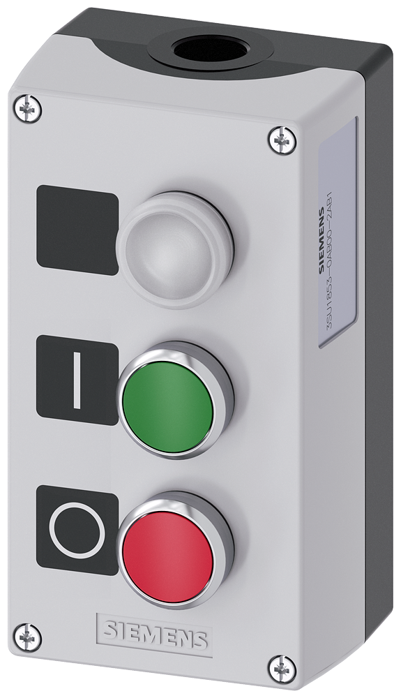 Siemens SIRIUS ACT Enclosure for command devices, 22 mm, round, Enclosure material metal, enclosure top part gray, 3 control points metal, C=Indicator light clear, label, LED 24 V, screw terminal, B=Pushbutton green, label: I, 1 NO, screw terminal, A=Pushbutton red, label: O, 1 NC, screw terminal, floor mounting, 1XM20 each on top and bottom, Labels enclosed (3SU1853-0AB00-2AB1)