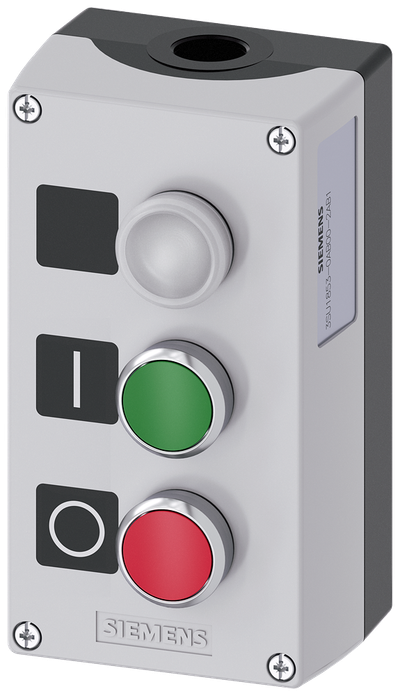 Siemens SIRIUS ACT Enclosure for command devices, 22 mm, round, Enclosure material metal, enclosure top part gray, 3 control points metal, C=Indicator light clear, label, LED 24 V, screw terminal, B=Pushbutton green, label: I, 1 NO, screw terminal, A=Pushbutton red, label: O, 1 NC, screw terminal, floor mounting, 1XM20 each on top and bottom, Labels enclosed