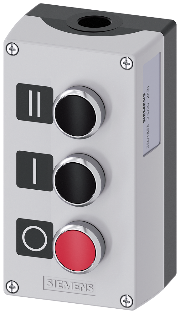 Siemens SIRIUS ACT Enclosure for command devices, 22 mm, round, enclosure material metal, enclosure top part gray, 3 command points metal, C=pushbutton black,label: II, 1 NO, screw terminal, B=pushbutton black,label I, 1 NO, screw terminal, A=pushbutton red, label: O, 1 NC, screw terminal, base mounting, 1XM20 each on top and bottom, labels enclosed (3SU1853-0AD00-2AB1)