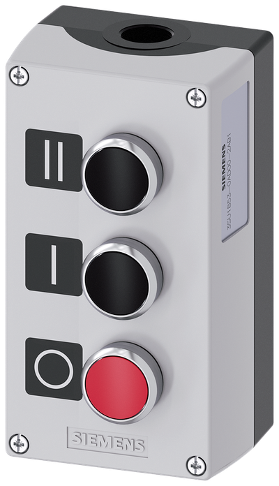 Siemens SIRIUS ACT Enclosure for command devices, 22 mm, round, enclosure material metal, enclosure top part gray, 3 command points metal, C=pushbutton black,label: II, 1 NO, screw terminal, B=pushbutton black,label I, 1 NO, screw terminal, A=pushbutton red, label: O, 1 NC, screw terminal, base mounting, 1XM20 each on top and bottom, labels enclosed