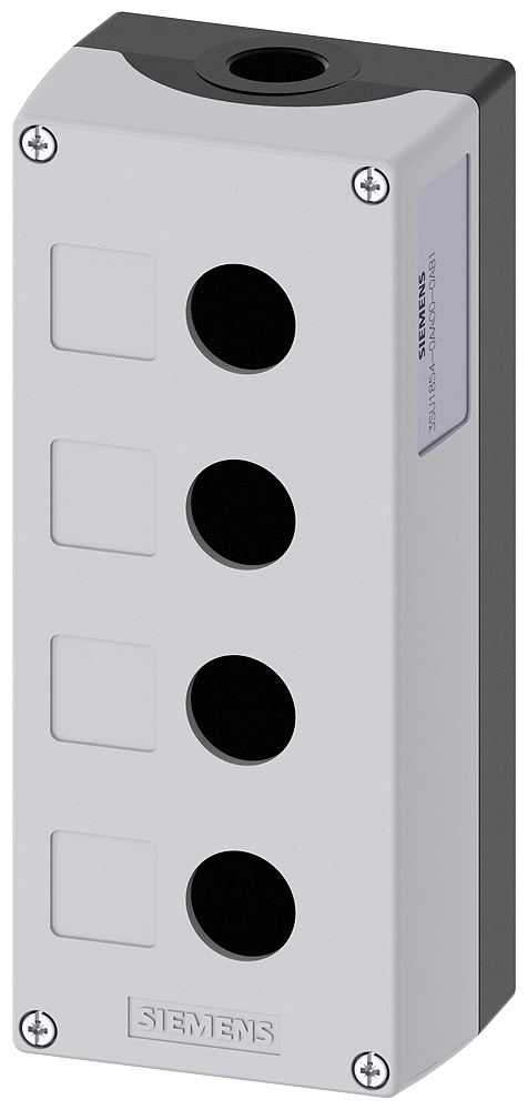 Siemens SIRIUS ACT Enclosure for command devices, 22 mm, round, Enclosure material metal, enclosure top part gray, 4 control points, without equipment, Recess for labels, floor mounting, 1XM25 each on top and bottom (3SU1854-0AA00-0AB1)