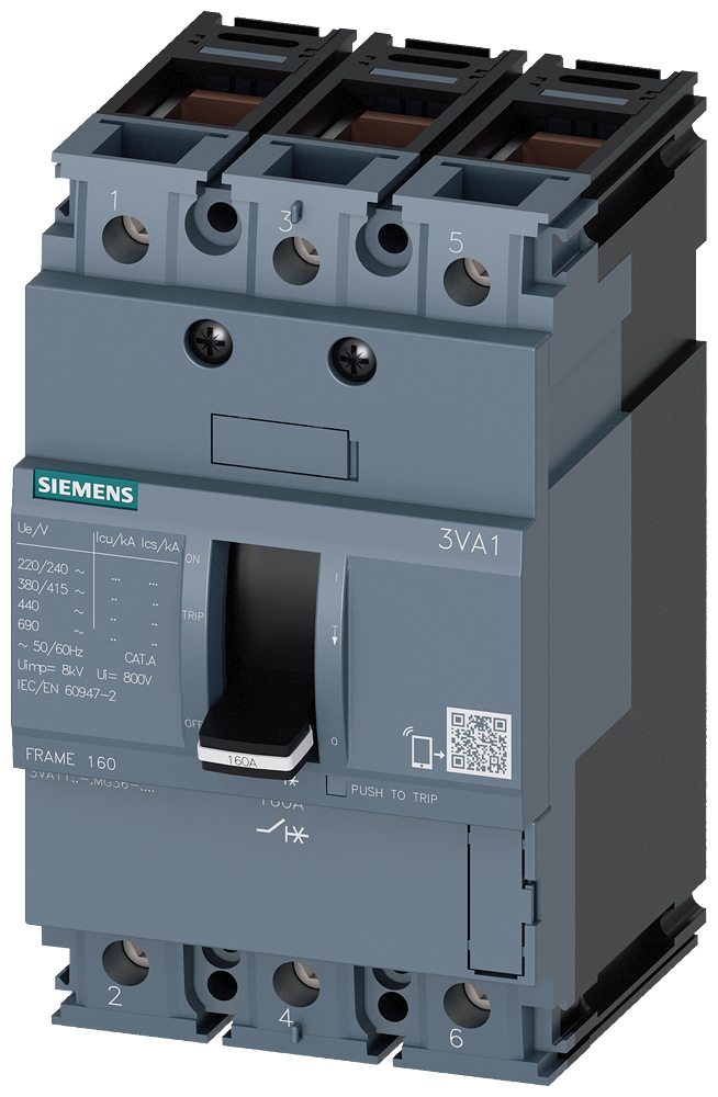 Siemens 3VA11, TM110M, 3P, 8A, frame clamps for Cu, 55KA, II=128A, short-circuit protection/starter protection