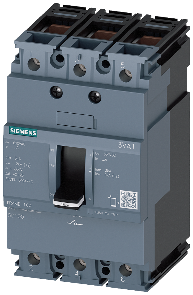 Siemens 3VA1 load-break switch, 3-Pole,100A,box terminal for Cu cables