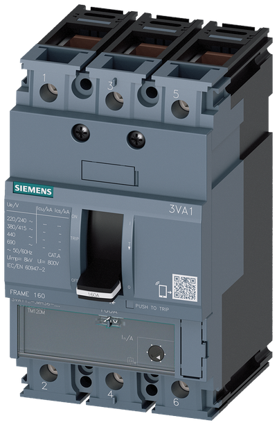 Siemens circuit breaker 3VA1, starter protection with adjustable Ii=7 x In, 100 A, 3P, TM120M, 55 kA, R