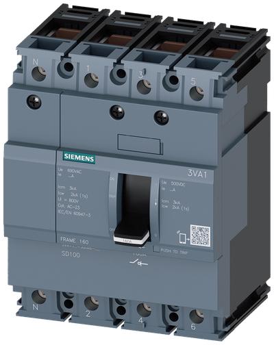 Siemens 3VA1 load-break switch, 4-Pole,100A,box terminal for Cu cables