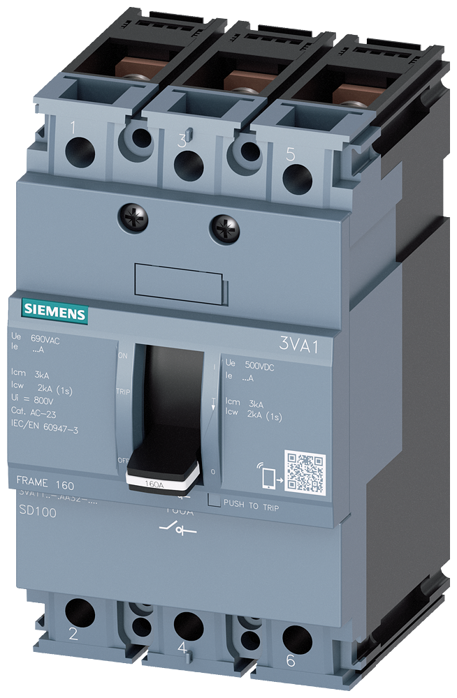 Siemens 3VA1 load-break switch, 3-Pole, 125A, Bolt Connection for cable lug, rails or cable clamps