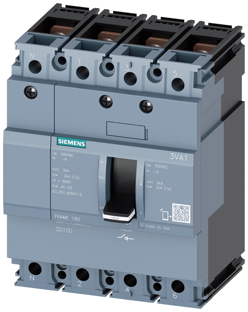 Siemens 3VA1 load-break switch, 4-Pole, 125A, Bolt Connection for cable lug, rails or cable clamps