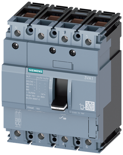 Siemens Circuit breaker 3VA11,55KA,4-Pole,TM210, fixed thermal and instantaneous release, 20A,frame clamp for Cu cable