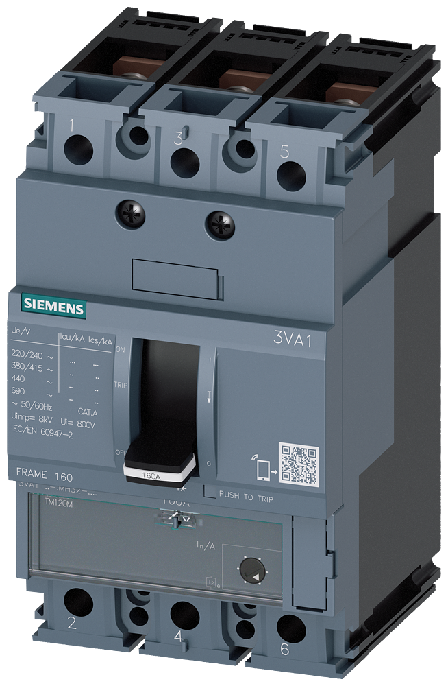 Siemens 3VA11, 3P, 20A, TM120M, 70KA,Cu terminals connection, kortslutningstrigger 140A-320A 3VA1120-6MH32-0AA0