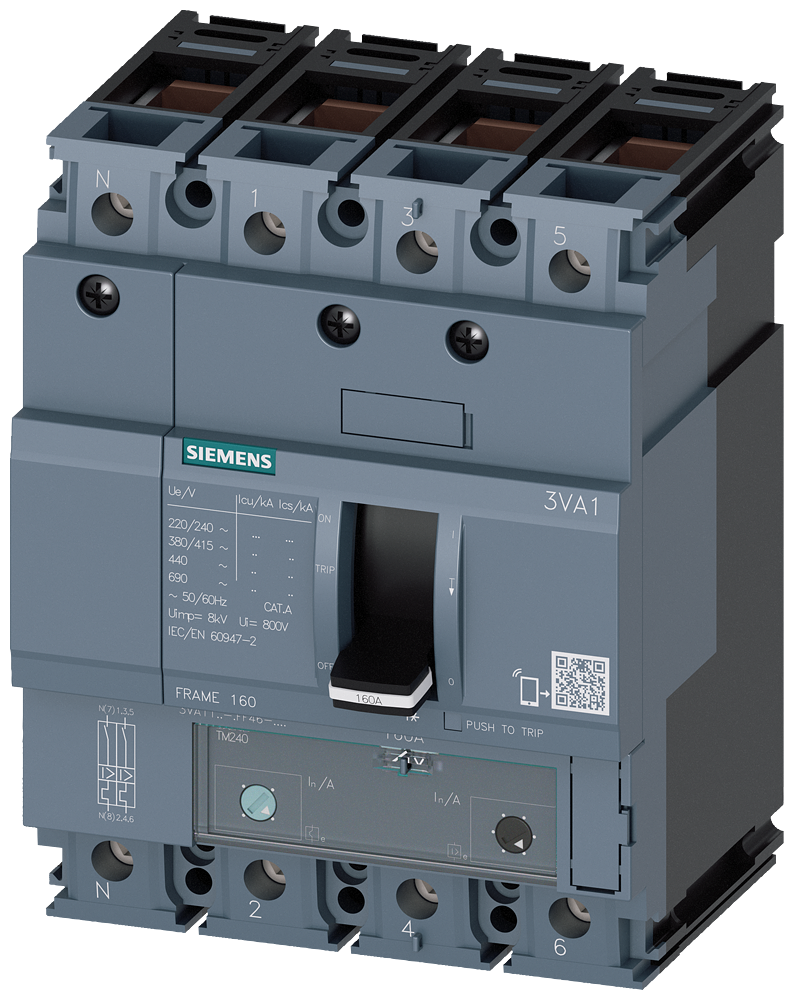 Siemens 3VA11, 25KA, 4-Pole, TM240, IN=40A,IR=28A 3VA11403GF460AA0