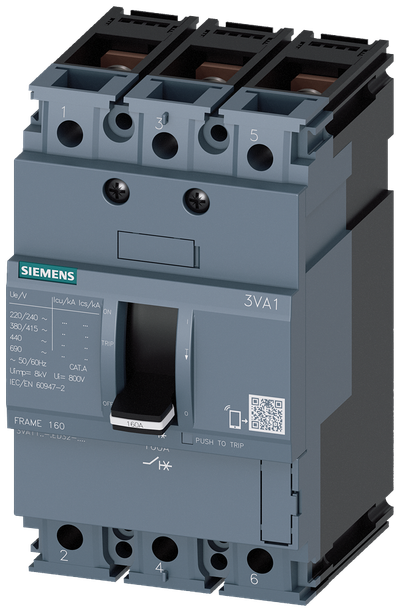 Siemens 3VA1150-5ED32-0AA0 MCCB 3-Pole 50 A 55 kA TM210 Bolt Connection