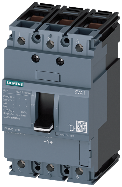 Siemens Circuit breaker 3VA11,55KA,3-Pole,TM210, fixed thermal and instantaneous release, 50A, frame clamp for Cu cable