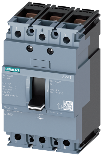 Siemens 3VA1 load-break switch, 3-Pole, 63A, Bolt Connection for cable lug, rails or cable clamps