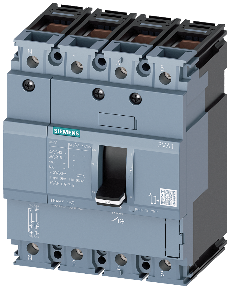 Siemens Circuit breaker 3VA11,25KA,4-Pole,TM210, fixed thermal and instantaneous release, 63A,frame clamp for Cu cable