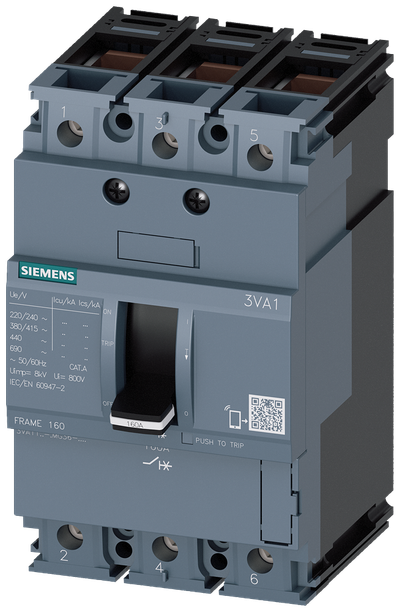 Siemens 3VA11, TM110M, 3P, 12,5A, with frame clamps for Cu, 70KA, II=200A,short-circuit protection/starter protection