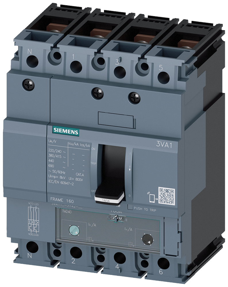 Siemens 3VA11, 55KA, 4-Pole, TM240, IN=16A,IR=11,2A 3VA1196-5GF42-0AA0