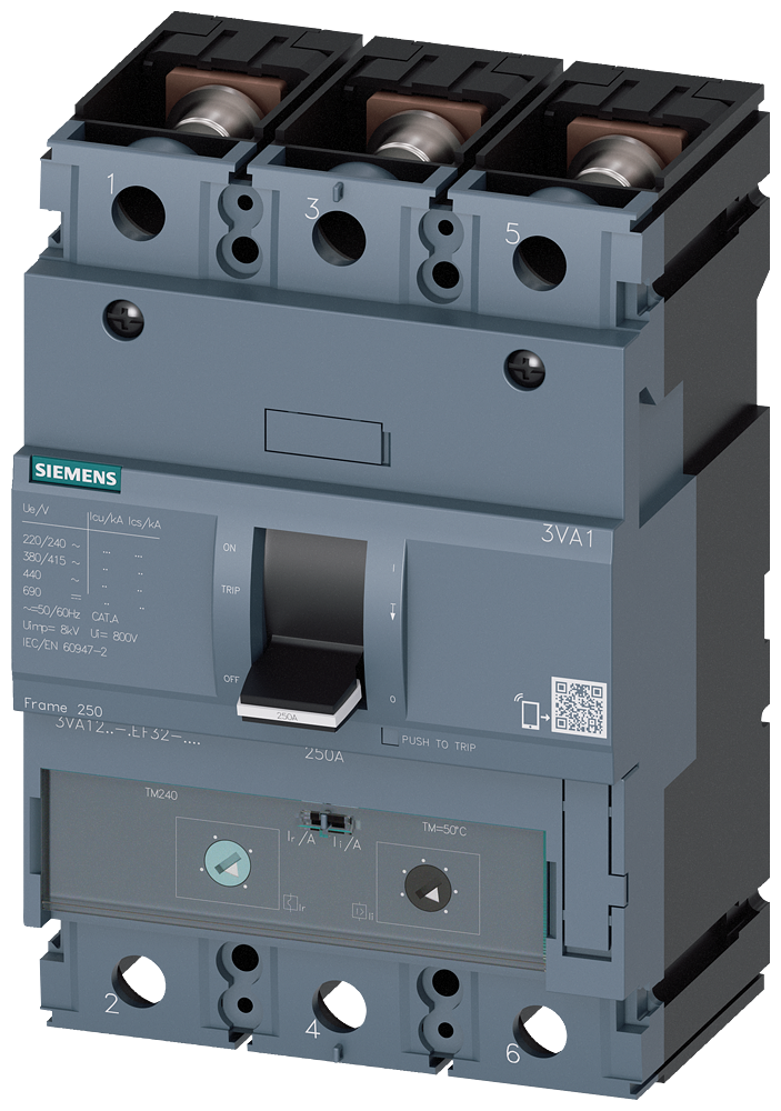 Siemens 3VA12, 36KA, 3-Pole, TM240, IN=200A,IR=140A