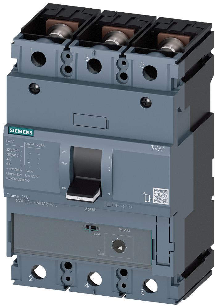 Siemens Circuit breaker 3VA1, starter protection with adjustable Ii=7 for 14 X IN, 250A, 3P, TM120M, 55KA, BOLT