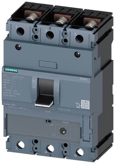 Siemens Circuit breaker 3VA1, motor protection with adjustable Ii=7 to 14 x IN, 250A, 3P, TM120M, 70kA, BOLT