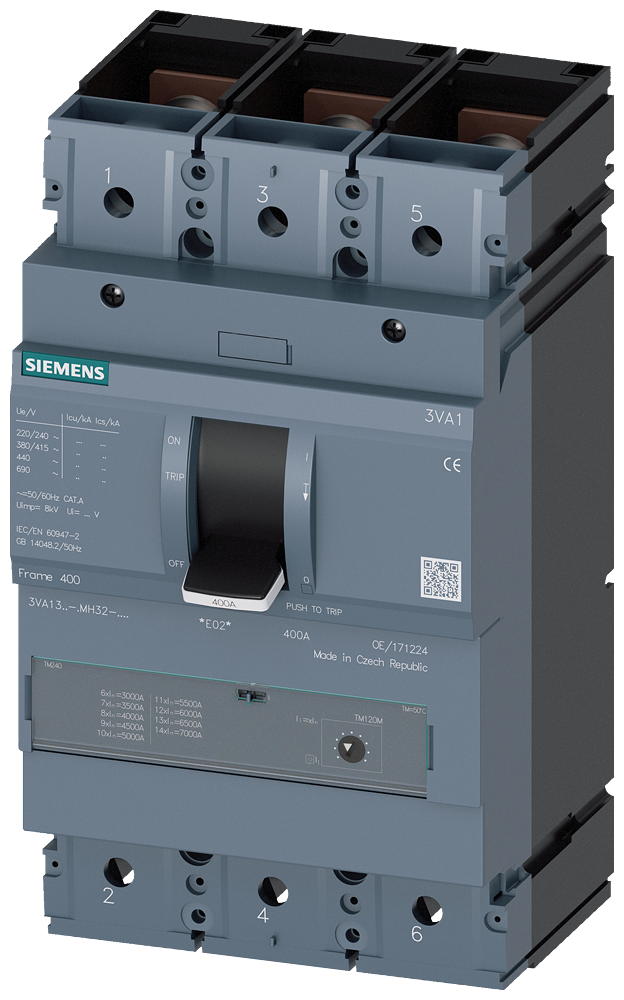 Siemens 3VA13, 3P, 320A, TM120M, with Bolt Connection, 55KA, II=2240-4480A, short-circuit protection/starter protection