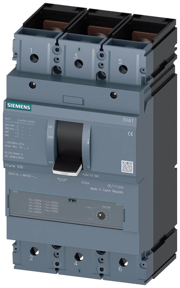 Siemens Circuit breaker 3VA14, 3P, 400A, TM120M, 55KA, bolt connection, kortslutningstrigger 2400A-4800A