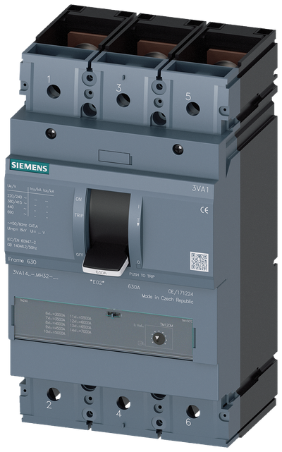 Siemens 3VA14, 3P, 500A, TM120M, 70KA, Bolt connection, kortslutningstrigger 2500A-5000A