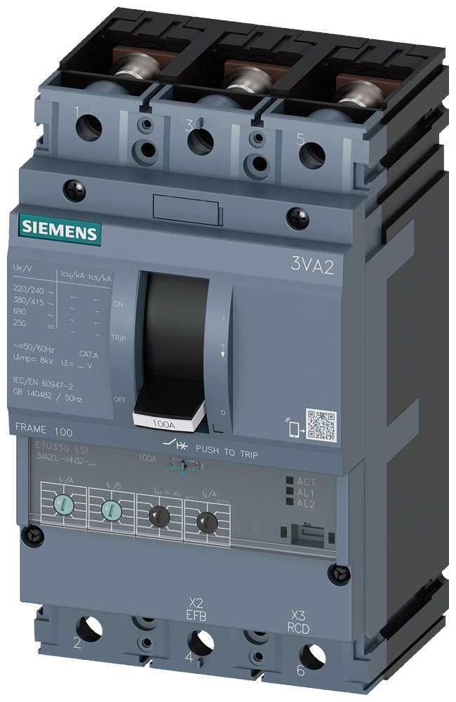 Siemens MCCB_3VA20_3P_55KA_ETU350,LSI,IN=100A,IR=40A-100A,ISD=1,5-10XIR,II=12XIN,B